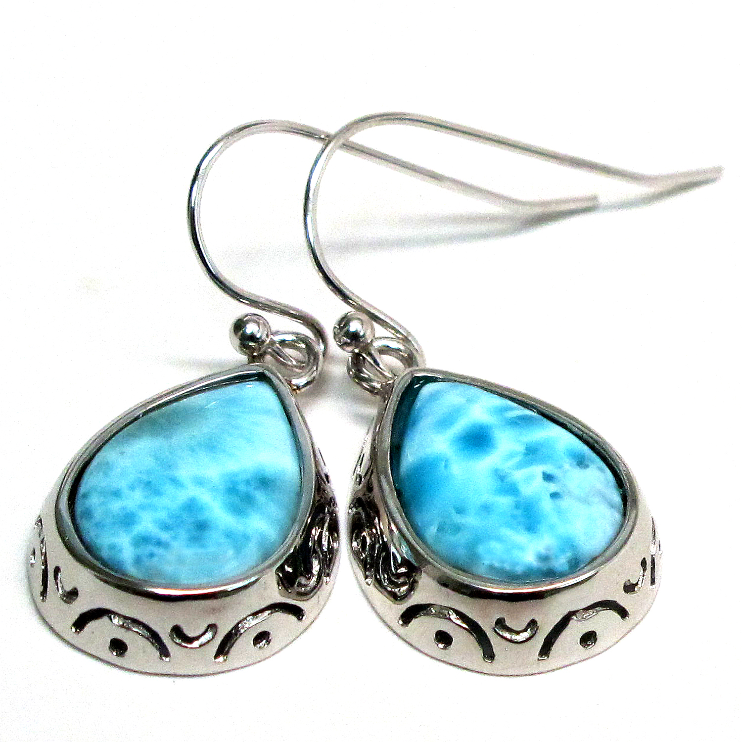 WONDERFUL TEARDROP GENUINE LARIMAR 925 STERLING SILVER FISH HOOK